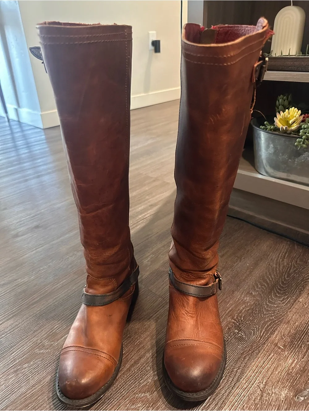 Freebird Vintage Roadie Tall Cognac Leather Boots with Red Accent Zipper Size 9